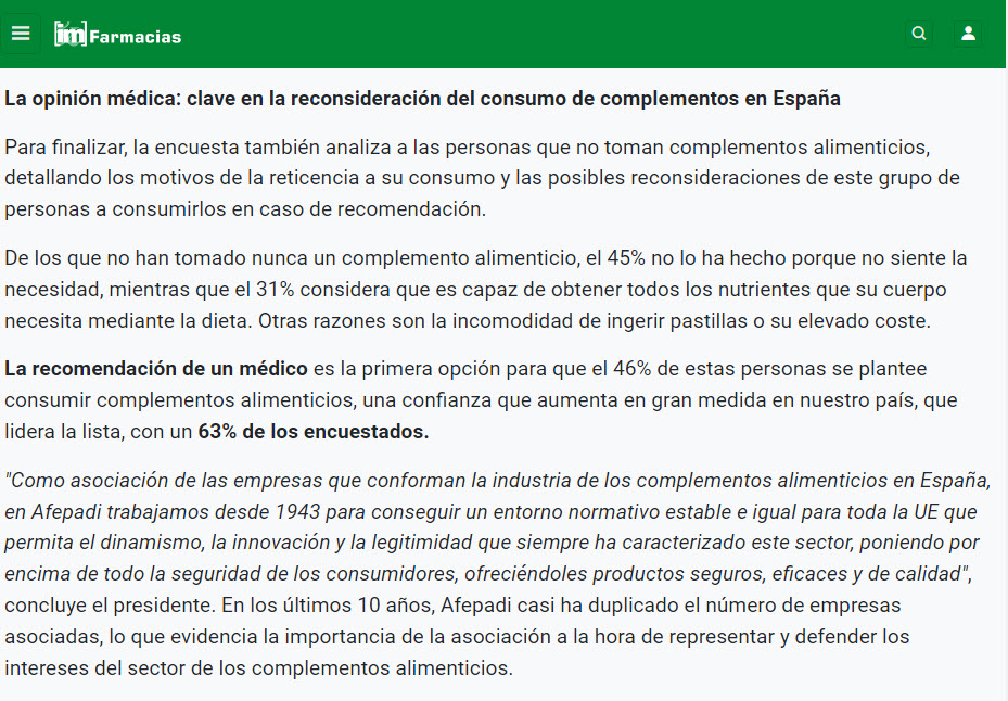 La opinión médica: clave en la reconsideración del consumo de complementos en España