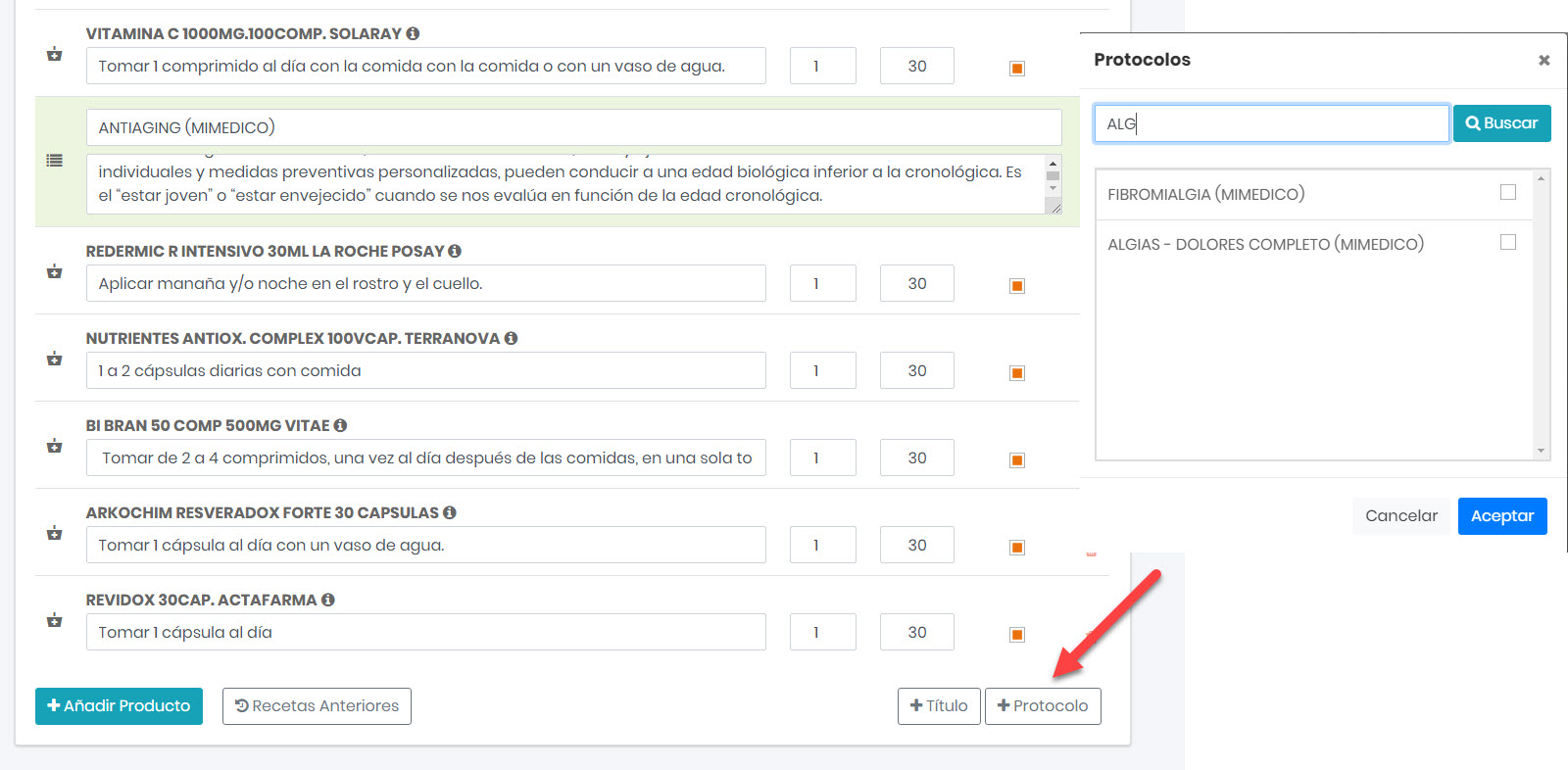 Prescripción con múltiples protocolos