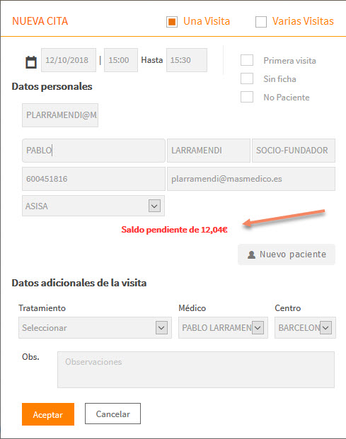 Saldo Pendiente: Aviso en la Cita